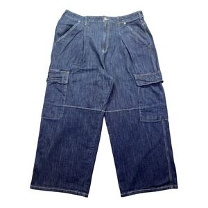 Pilcro Denim Cargo Pants Wide Leg Pleated Dark Wash Jeans 34 Petite‎ Fits 39"